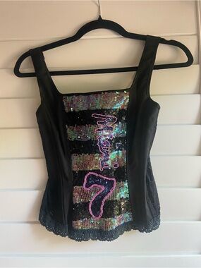 Black Euro Sequin Stripe Corset with Pink Accent
